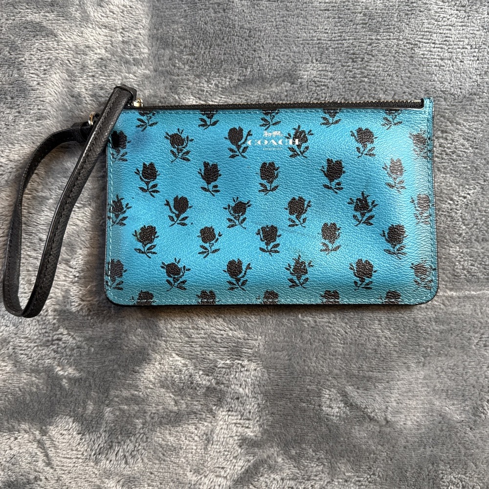 Coach Small Blue Black Floral Leather Wristlet Wallet Corner Zip Turquoise Teal